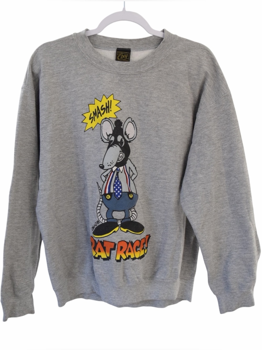 Obey Men’s Medium Gray Crew Fleece Sweatshirt Rat Race Grunge Graffiti Skater